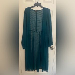 Teal clip dot with lantern sleeve duster.